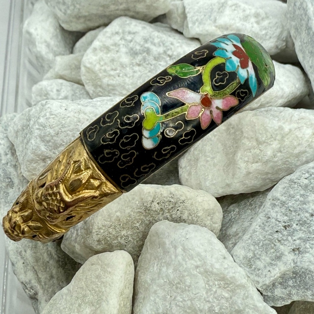 Vintage Cloisonné Twin Dragon Bangle Bracelet Black Enamel Floral 2.5” - Picture 7 of 17